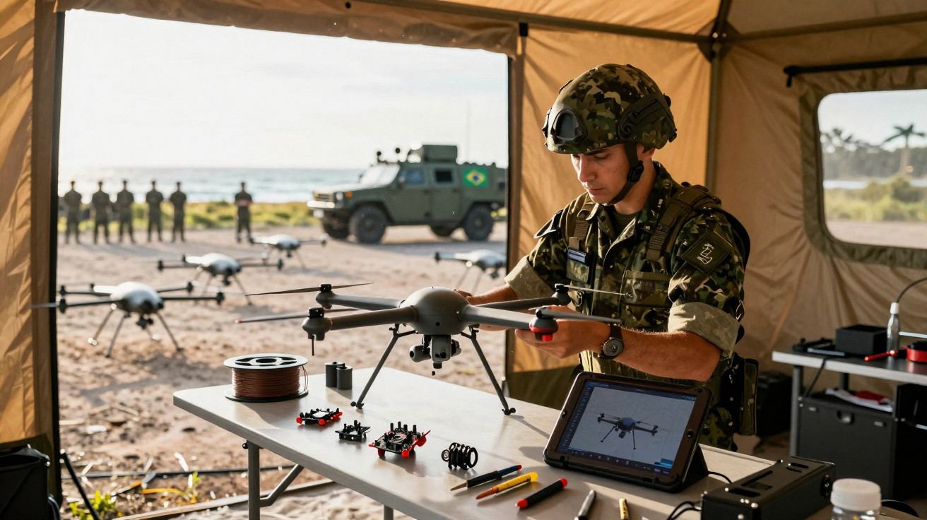 Militar brasileiro em tenda preparando drone com tablet e equipamentos tecnológicos na mesa, viatura e soldados ao fundo.