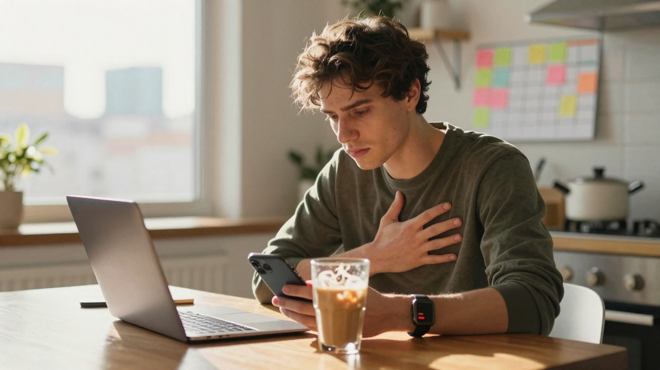 Jovem sentado à mesa com laptop, olhando preocupado para o celular, com café ao lado, em cozinha iluminada.