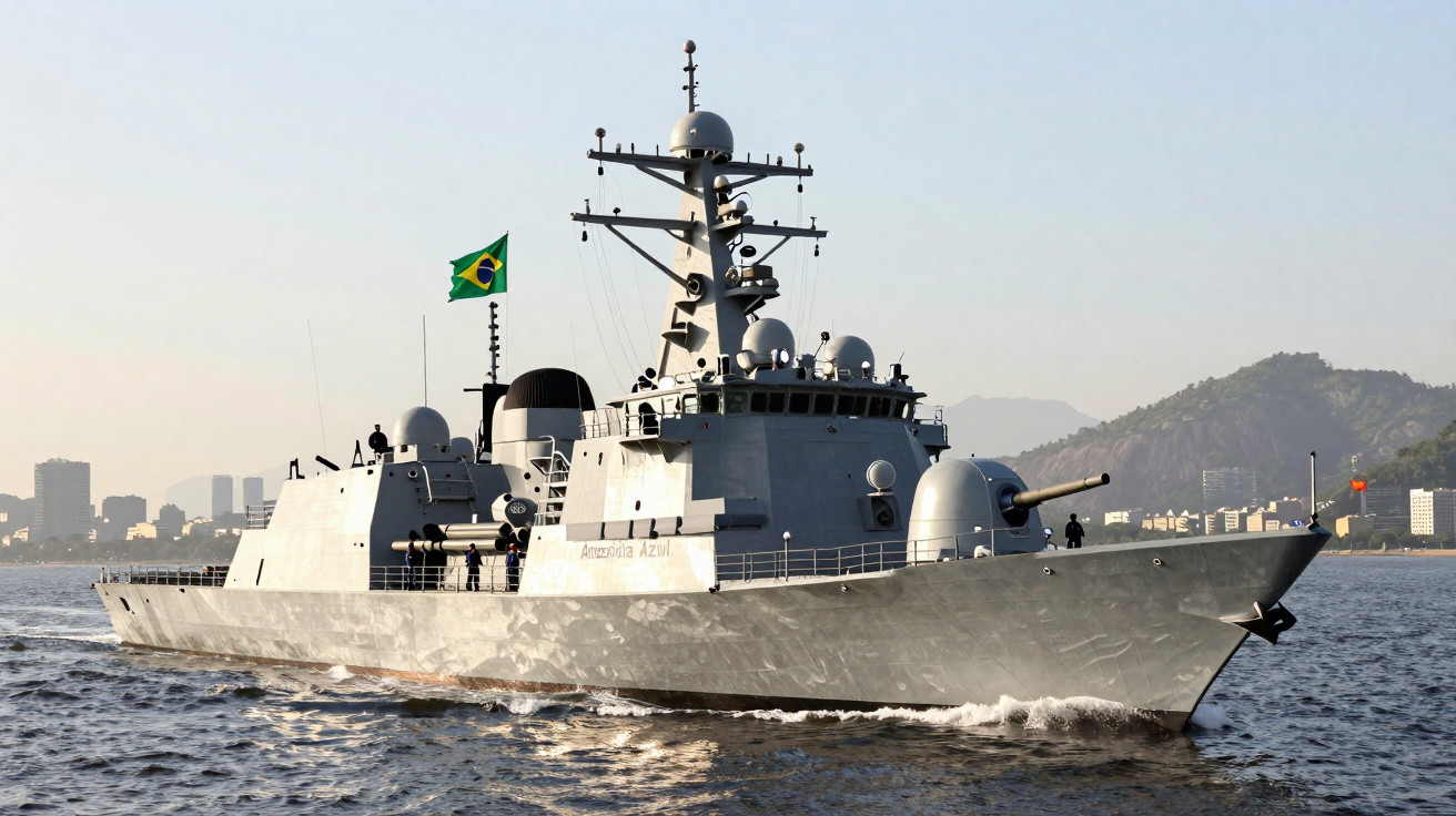 Navio de guerra brasileiro navegando em área costeira com cidade e morros ao fundo.