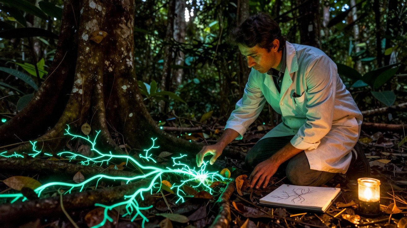 Homem de jaleco observa galhos com luminosidade azul no chão da floresta à luz de vela.