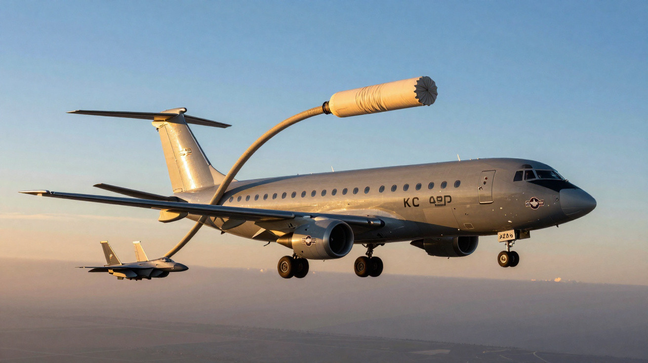 Avião militar cinza com equipamento de reabastecimento aéreo voando ao pôr do sol.