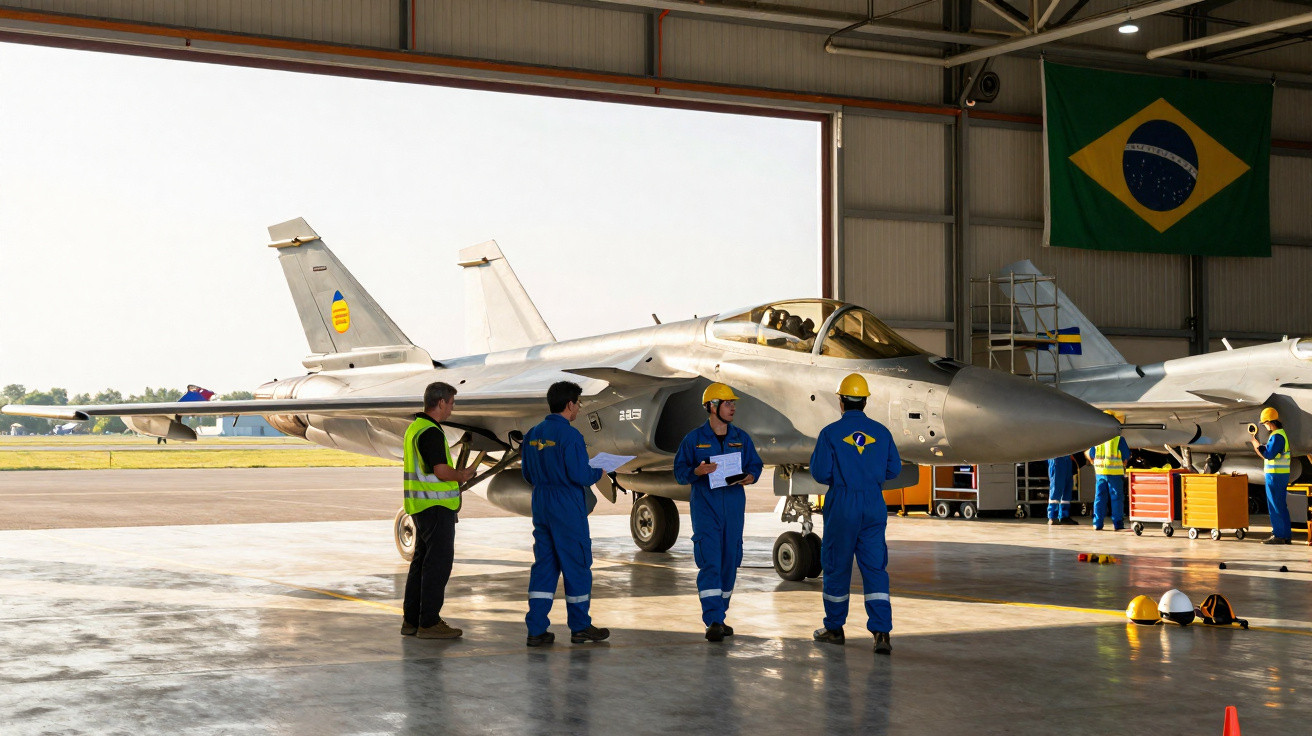Quatro técnicos em macacão azul e capacete próximos a um avião de caça em hangar com bandeira do Brasil.