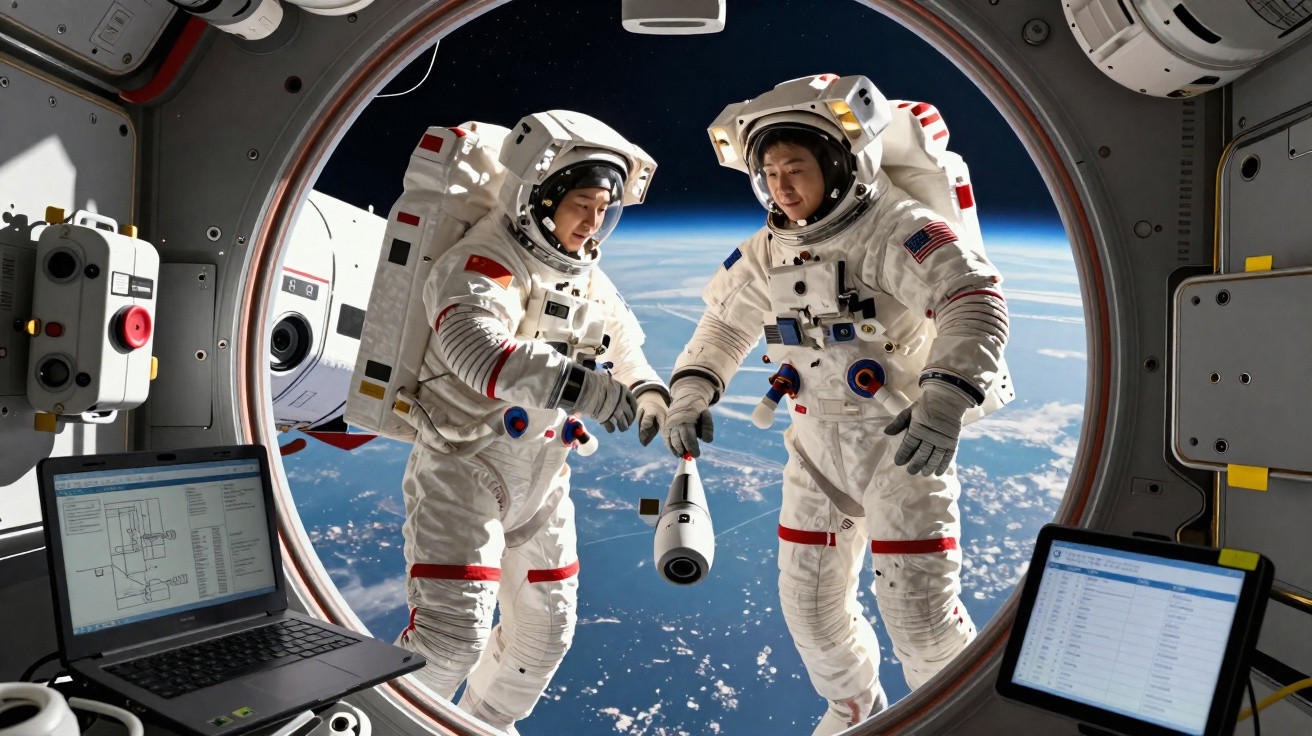 Dois astronautas em trajes espaciais executam atividades fora da estação espacial com a Terra ao fundo.