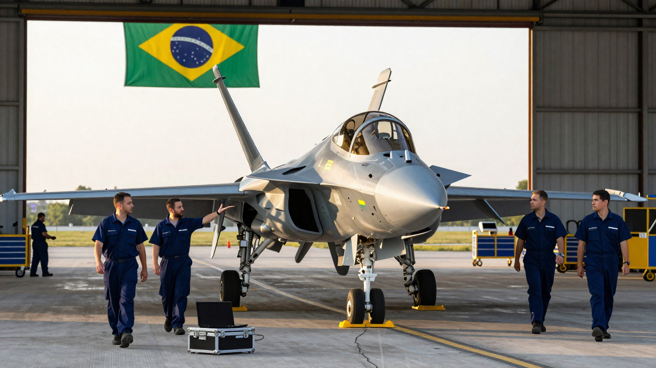 Caças militares em hangar com cinco técnicos em uniforme azul e bandeira do Brasil ao fundo.