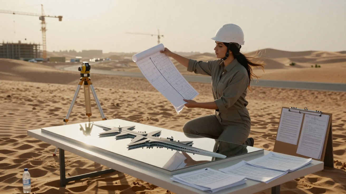 Mulher engenheira com capacete branco analisando planta e maquete em canteiro de obras no deserto.