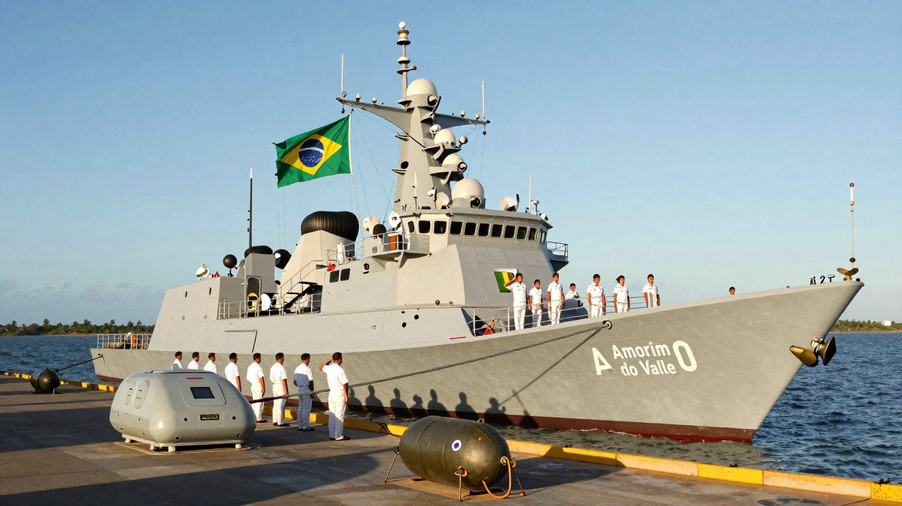 Navio brasileiro Amorim do Valle atracado com tripulação em uniforme branco no píer ao pôr do sol.