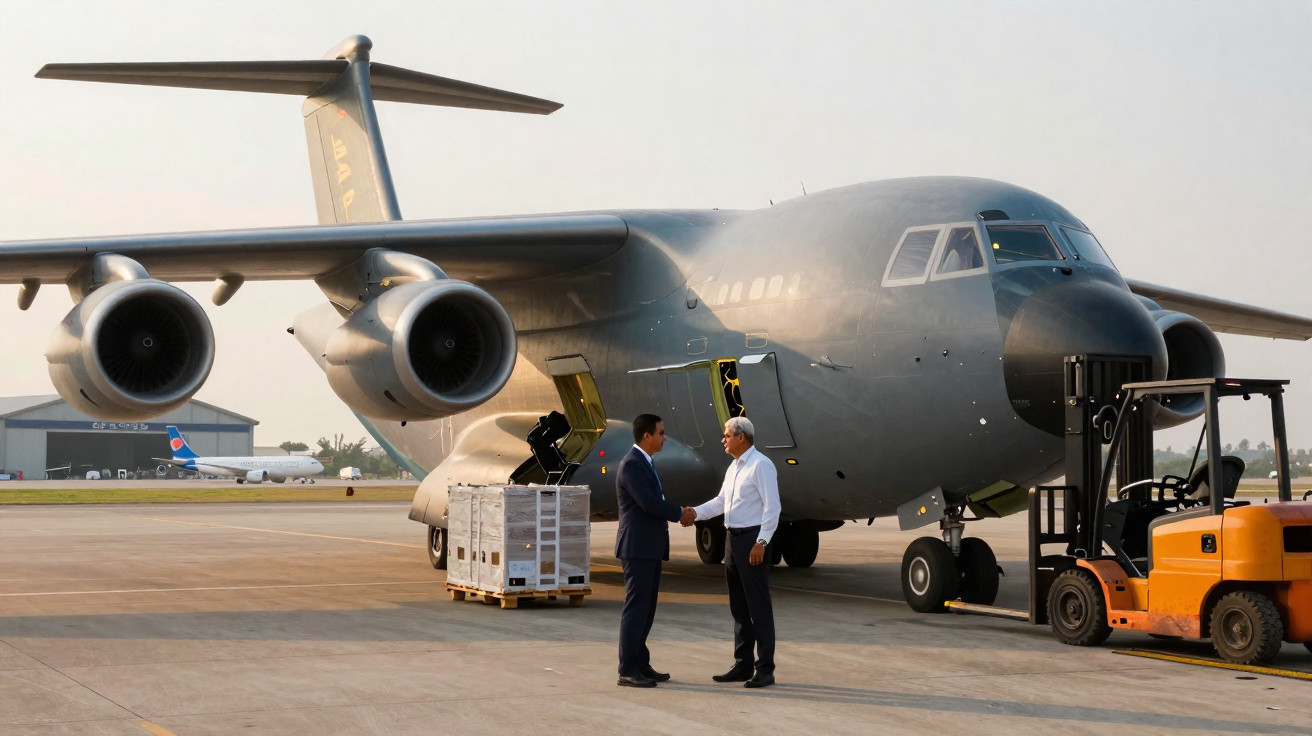 Dois homens apertando as mãos em frente a um avião militar cinza no pátio do aeroporto.