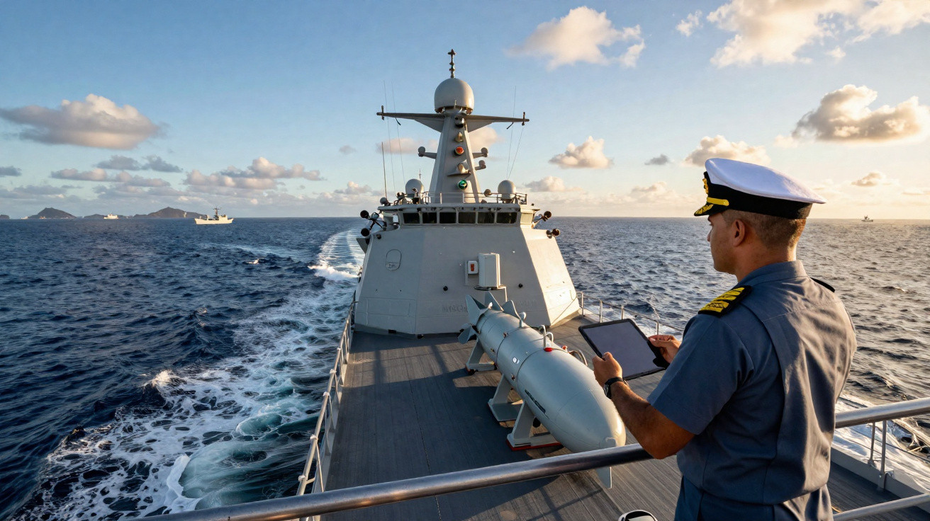 Oficial da marinha com uniforme e tablet observa o mar no convés de um navio militar.