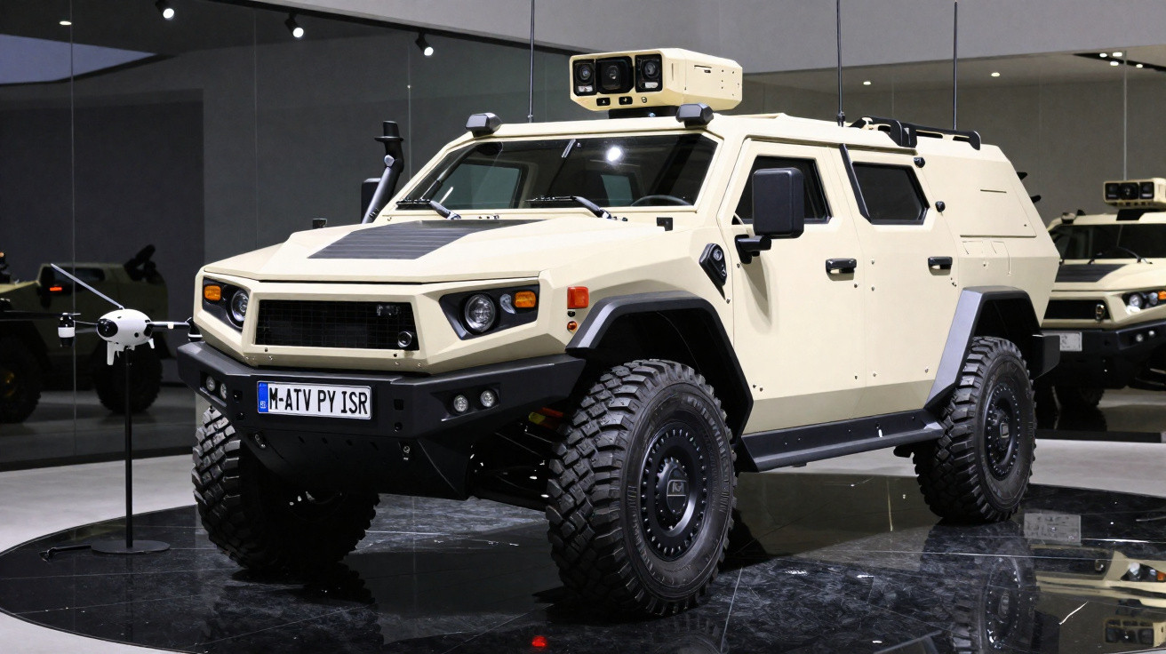 Veículo blindado militar bege com pneus grandes e equipamento tecnológico exposto em salão.
