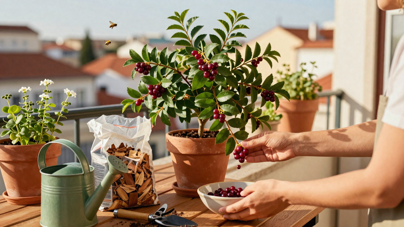 Pessoa colhendo frutos vermelhos de planta em vaso sobre mesa de madeira em varanda ensolarada.