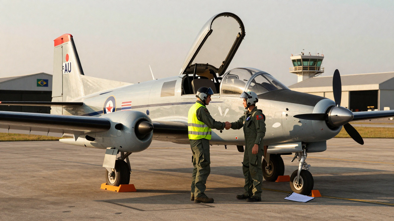 Dois pilotos militares apertam as mãos ao lado de um avião de treinamento em um aeroporto.