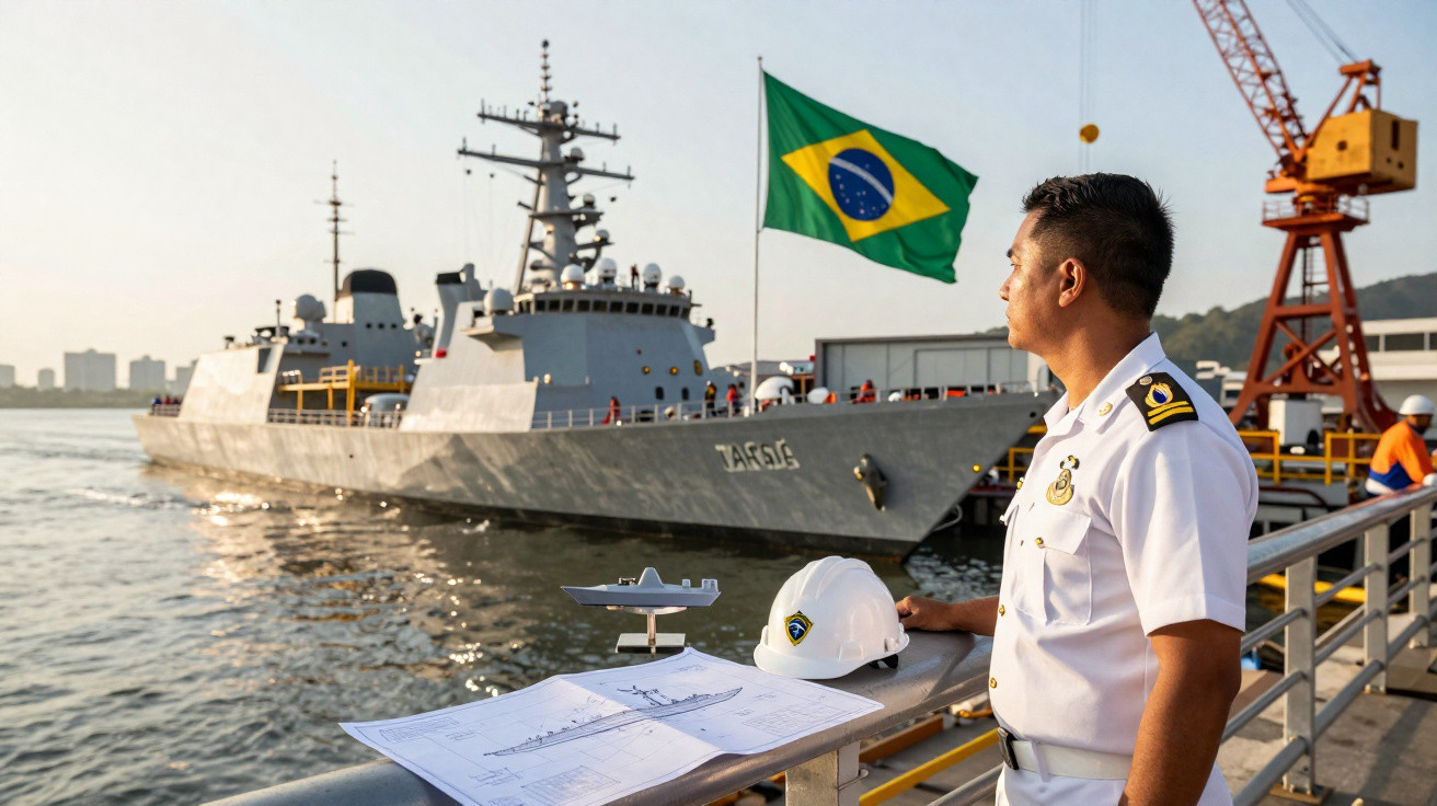 Militar da Marinha do Brasil observa navio de guerra atracado em porto, com planta e capacete à frente.