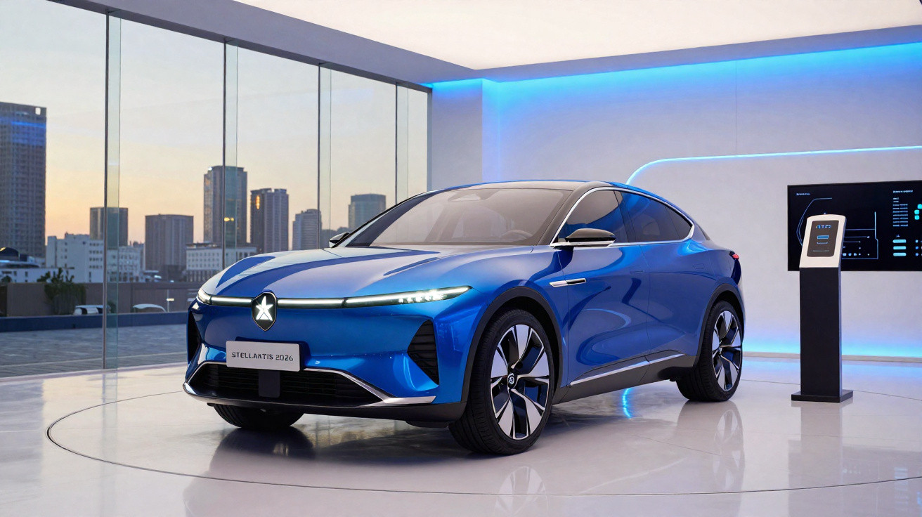 Carro elétrico azul em exposição moderna com janelas de vidro e prédio ao fundo.