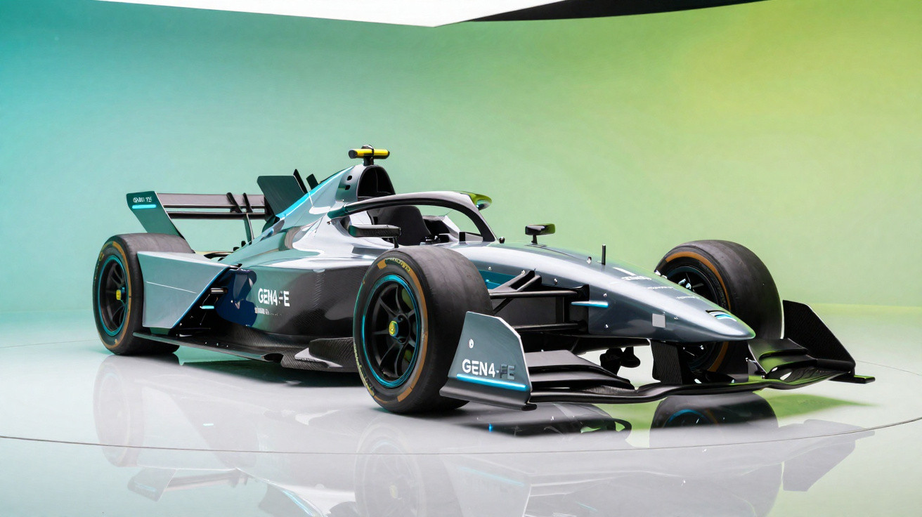 Carro de Fórmula E Gen4 com design aerodinâmico em fundo verde degradê com piso branco brilhante.