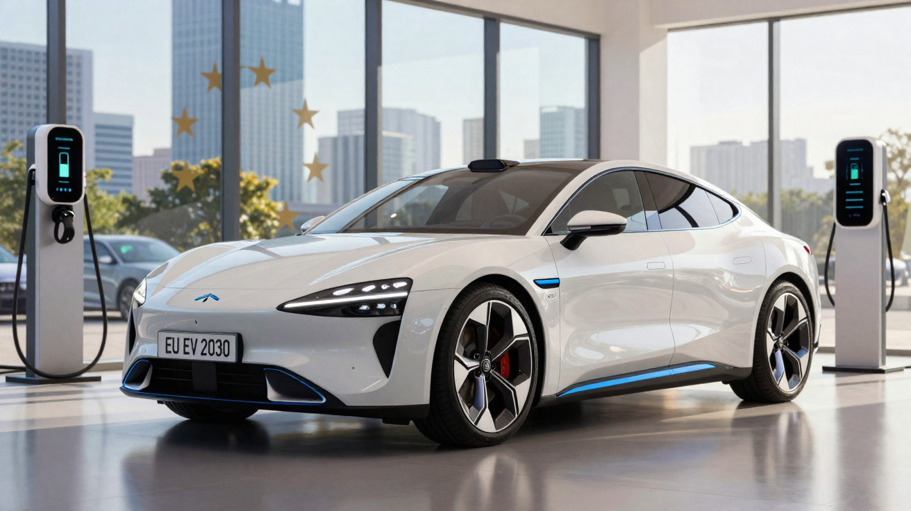 Carro elétrico esportivo branco estacionado em showroom moderno com estações de recarga ao redor.
