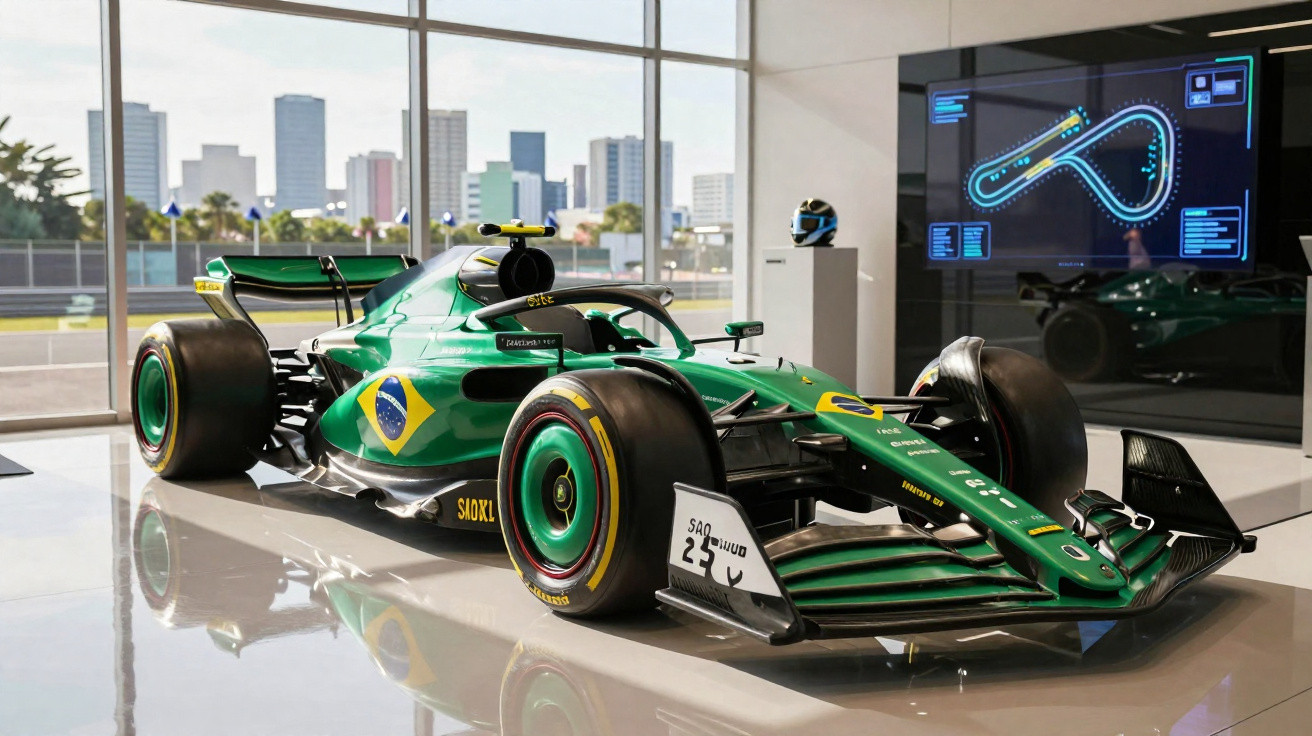 Carro de Fórmula 1 verde com bandeira do Brasil exposto em vitrine com planta urbana ao fundo.