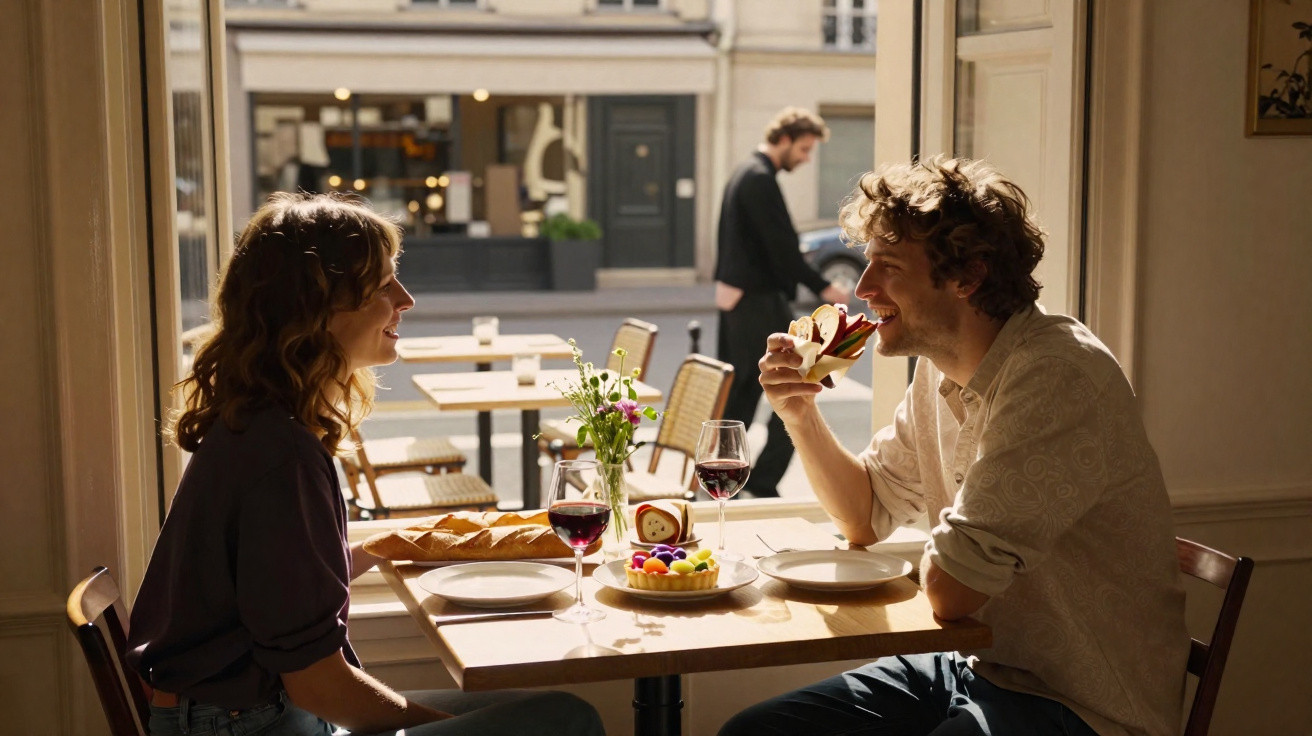 Casal sorridente almoçando juntos com vinho e comida em restaurante com vista para a rua.