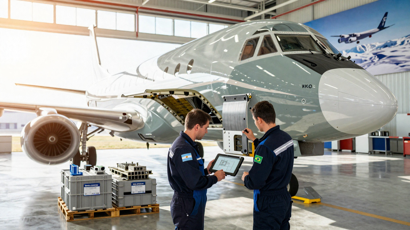 Dois técnicos com uniformes de aviões inspecionam a manutenção de aeronave executiva dentro de hangar.
