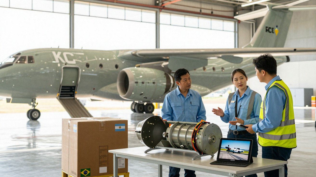 Três engenheiros discutem projeto técnico de equipamento de aeronave em hangar com avião KC ao fundo.