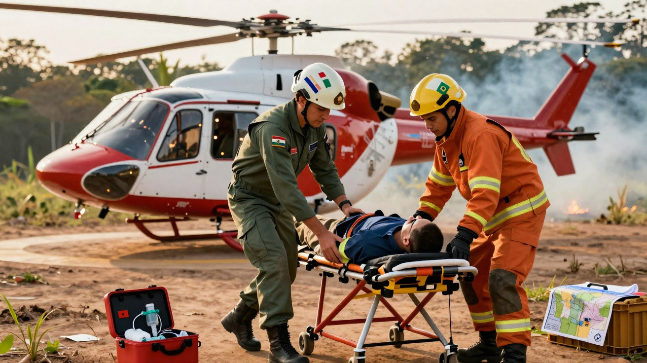 Dois socorristas carregam paciente em maca próxima a helicóptero em área de emergência.