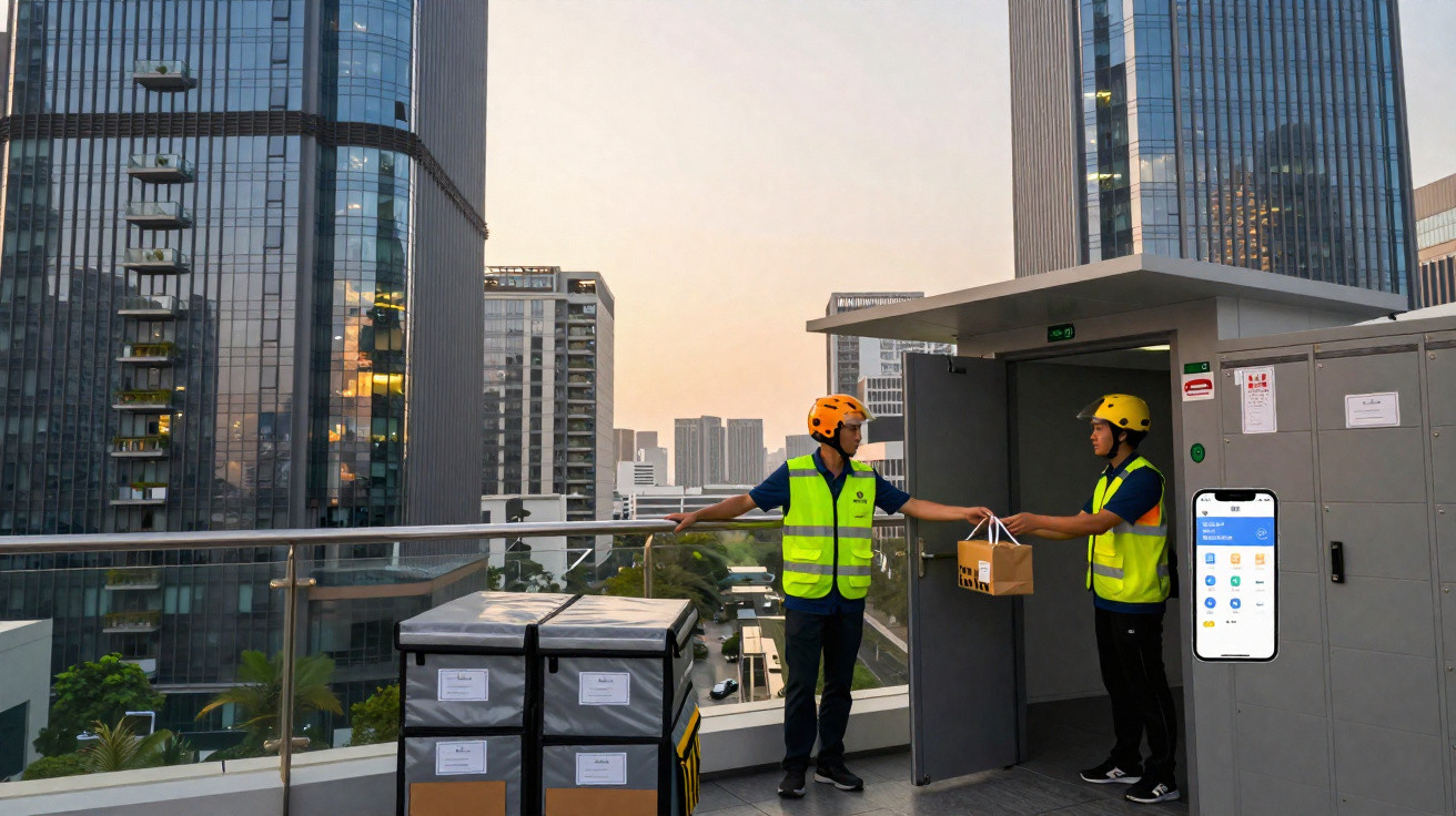 Dois homens com coletes e capacetes amarelos entregam pacotes em um terraço de prédios altos no pôr do sol.