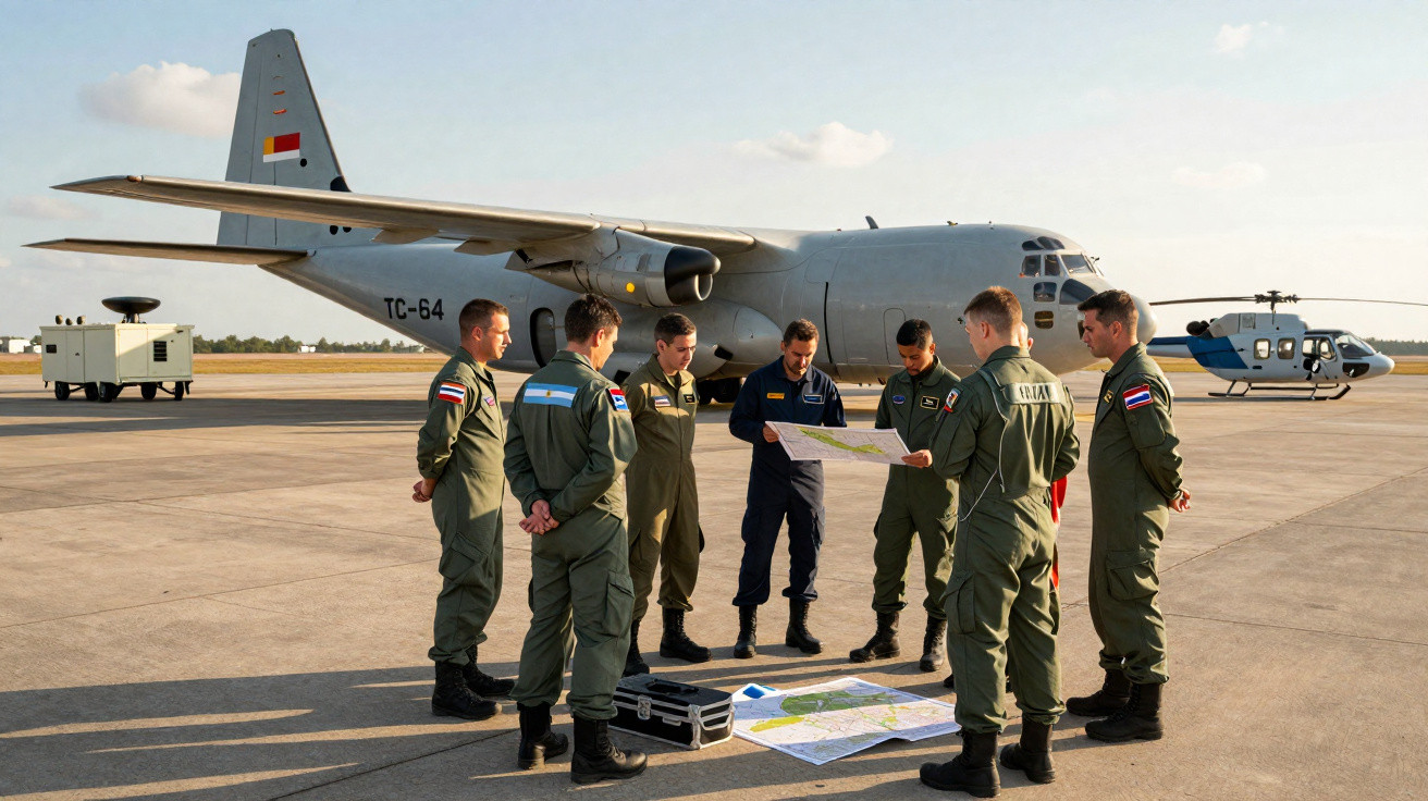 Militares em uniforme verde analisam mapas no chão ao lado de avião e helicóptero em pista de aeródromo.