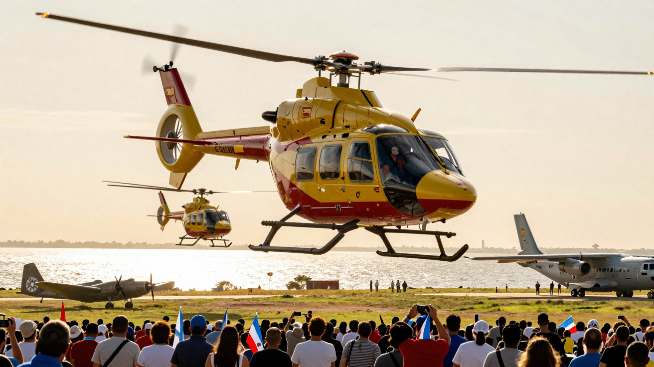 Helicópteros militares vermelhos e amarelos voando sobre multidão em exibição aérea perto de pista à beira-mar.