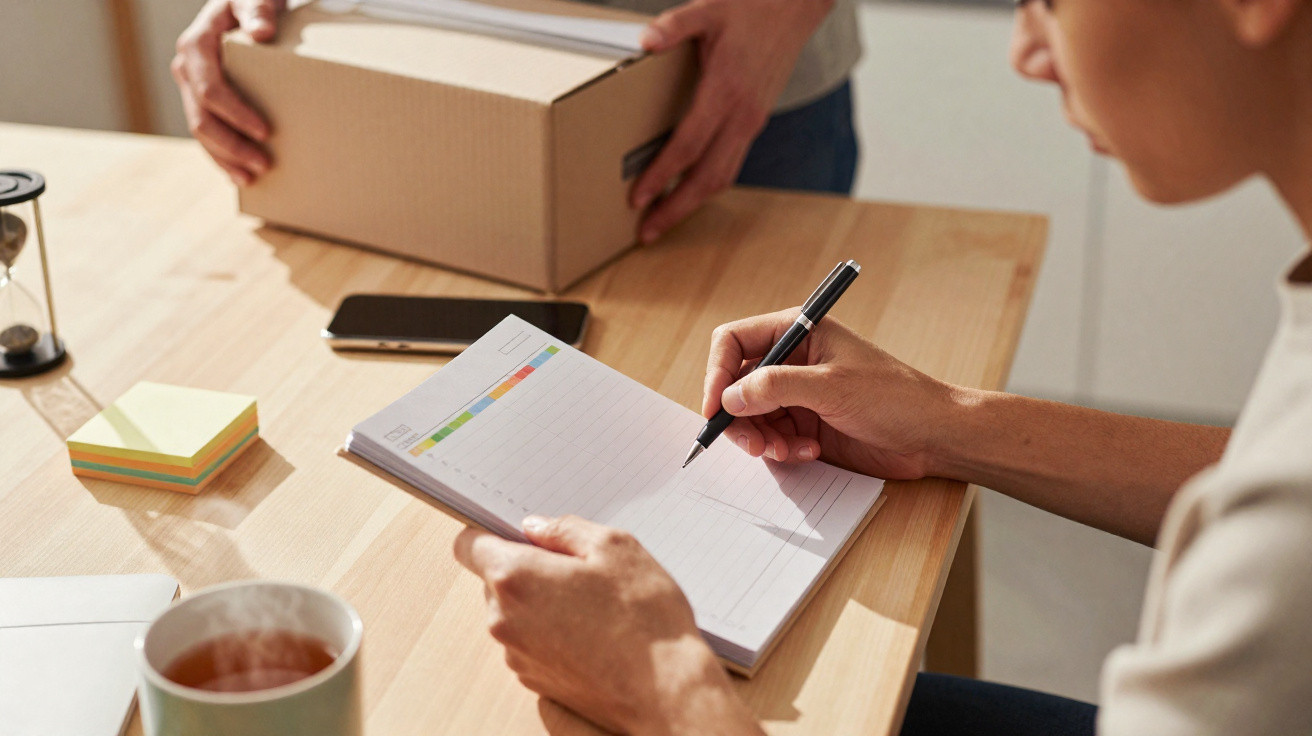 Pessoa escrevendo em agenda com caixa de papelão e objetos sobre mesa de madeira em escritório.