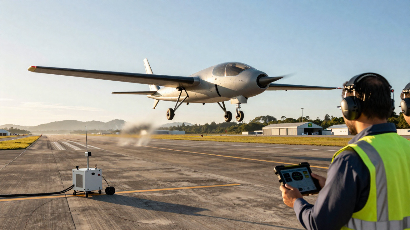 Avião decolando em pista de aeroporto enquanto técnico com controle remoto observa.