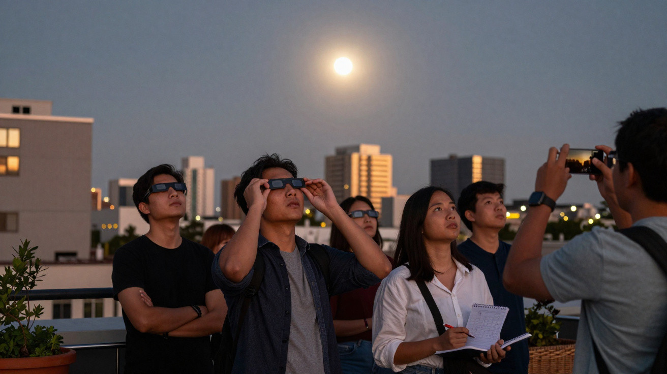Grupo de pessoas observando eclipse solar com óculos especiais em área urbana ao anoitecer.