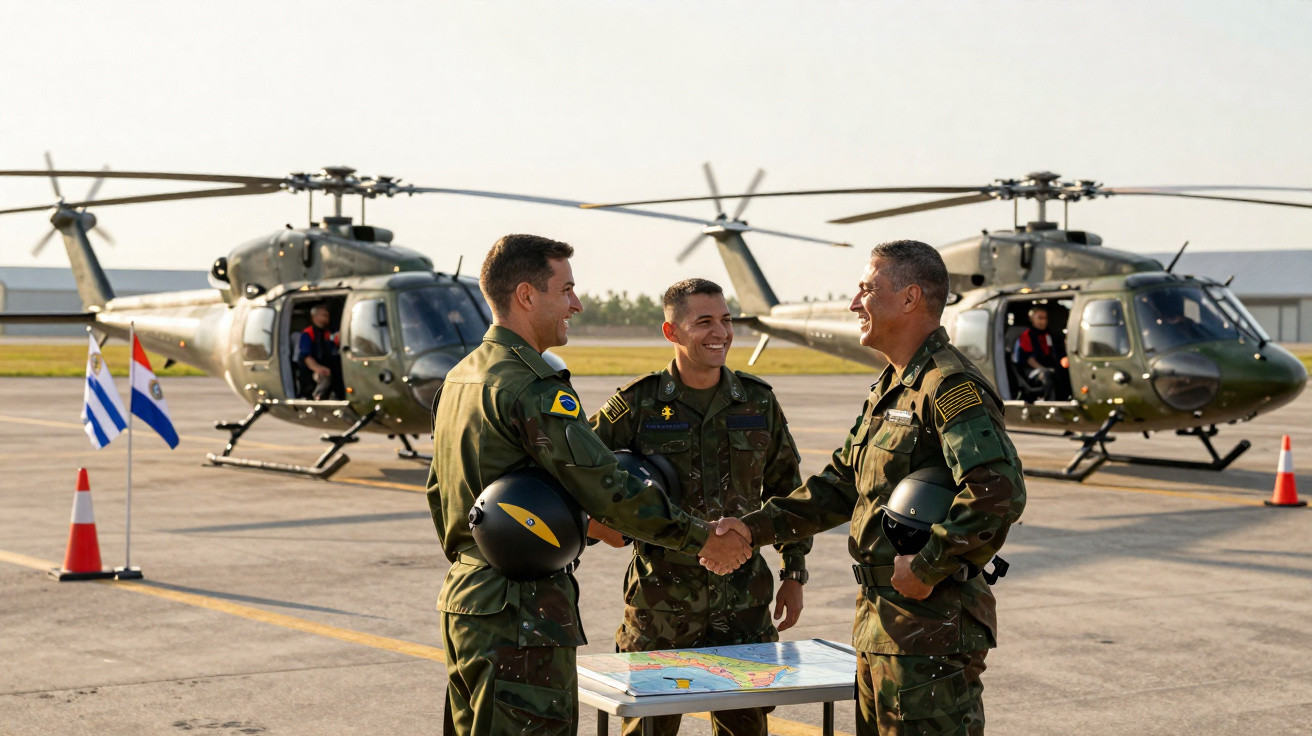 Três militares brasileiros com uniformes verdes apertando as mãos perto de um mapa e helicópteros no aeroporto.
