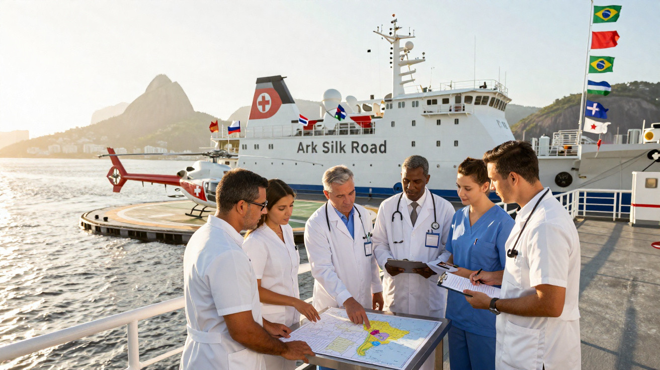 Equipe médica discutindo um mapa em convés com navio hospitalar e helicóptero ao fundo, Rio de Janeiro.
