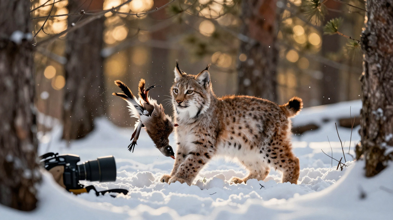 Lince na neve segurando um pássaro morto próximo a uma câmera fotográfica em floresta ao entardecer.