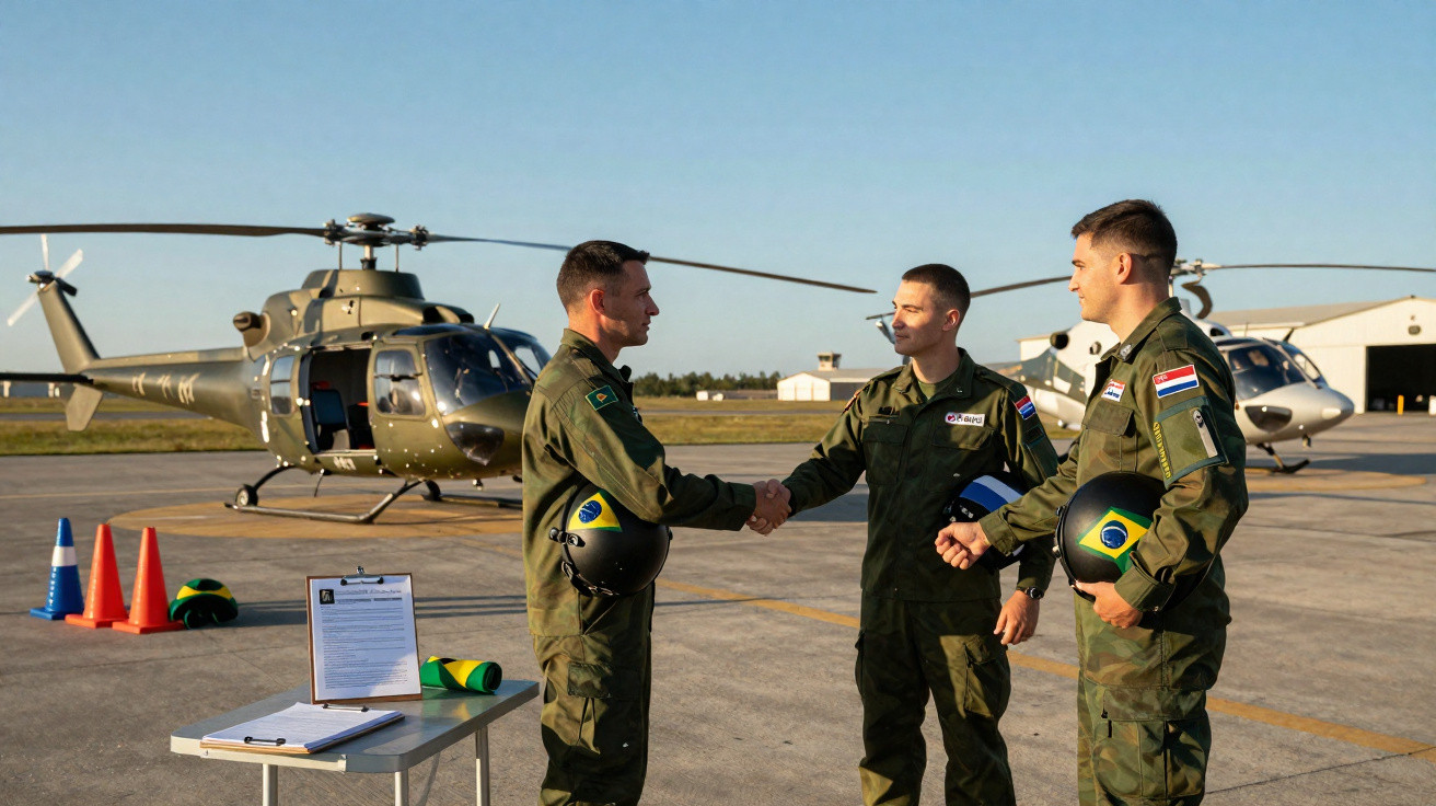 Três militares em uniforme verde com capacetes apertam as mãos em pista de helicóptero ao ar livre.