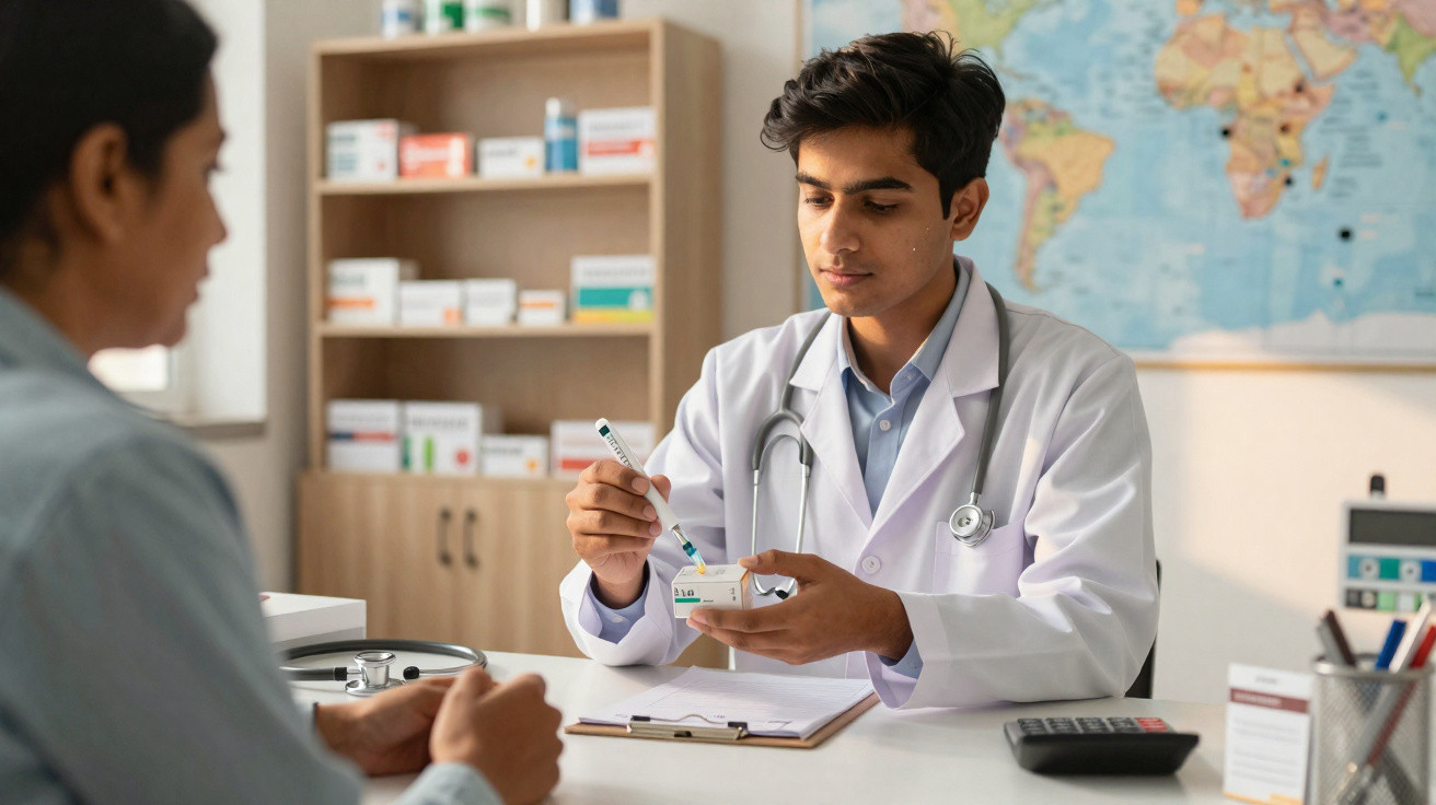Médico com jaleco branco explica uso de medicamento para paciente em consultório.