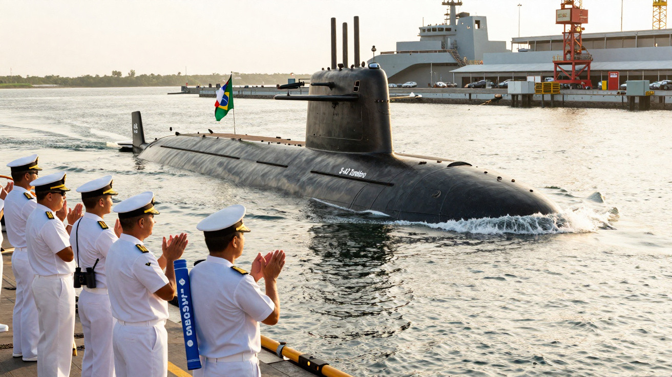 Submarino da Marinha brasileira saindo do porto com oficiais militares aplaudindo na margem.