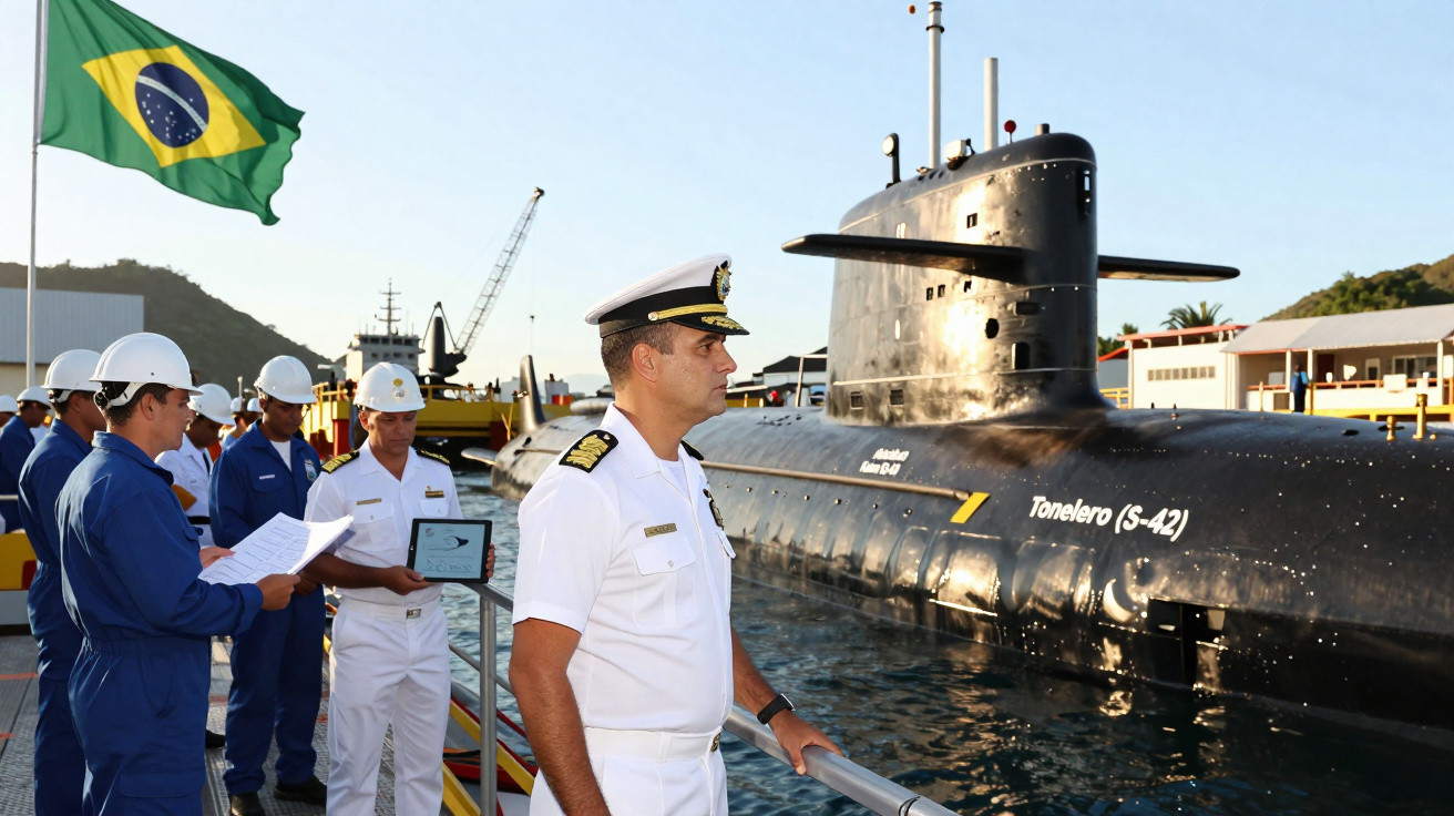 Militares da Marinha do Brasil inspecionam submarino Tonelero S-42 durante cerimônia no porto.