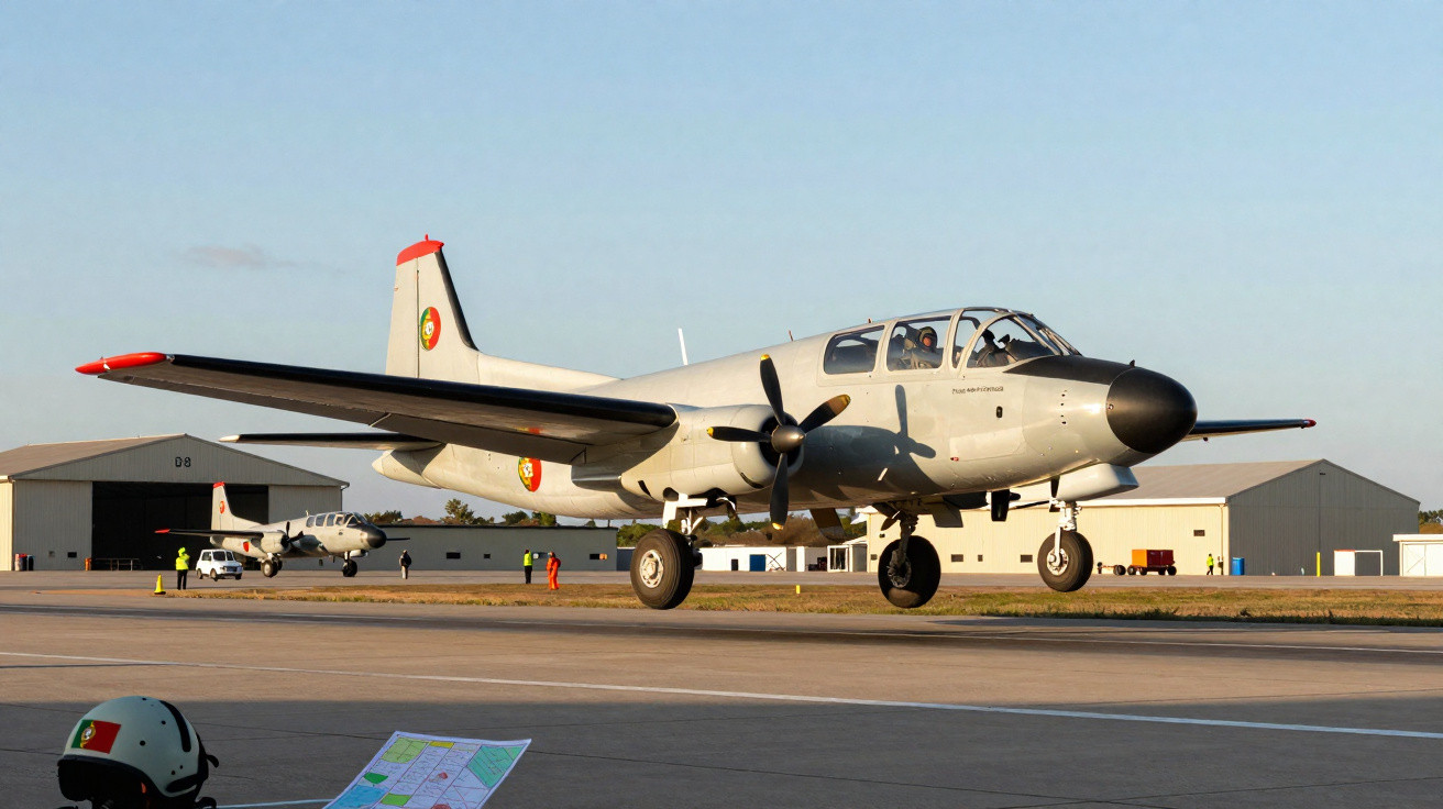 Avião militar de asas baixas com hélices e cabine dupla em pista de aeroporto ao entardecer.