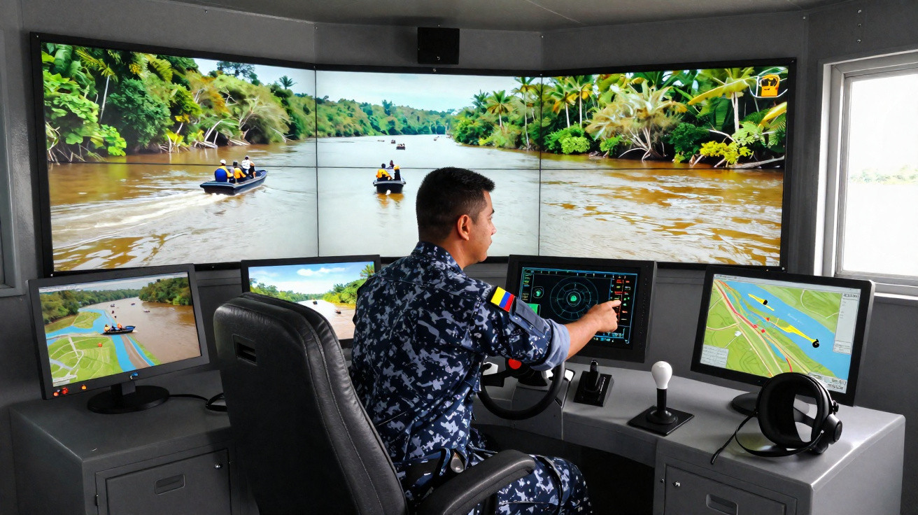 Homem em uniforme camuflado controla simulador de navegação com telas mostrando rio e barcos em ambiente fechado.