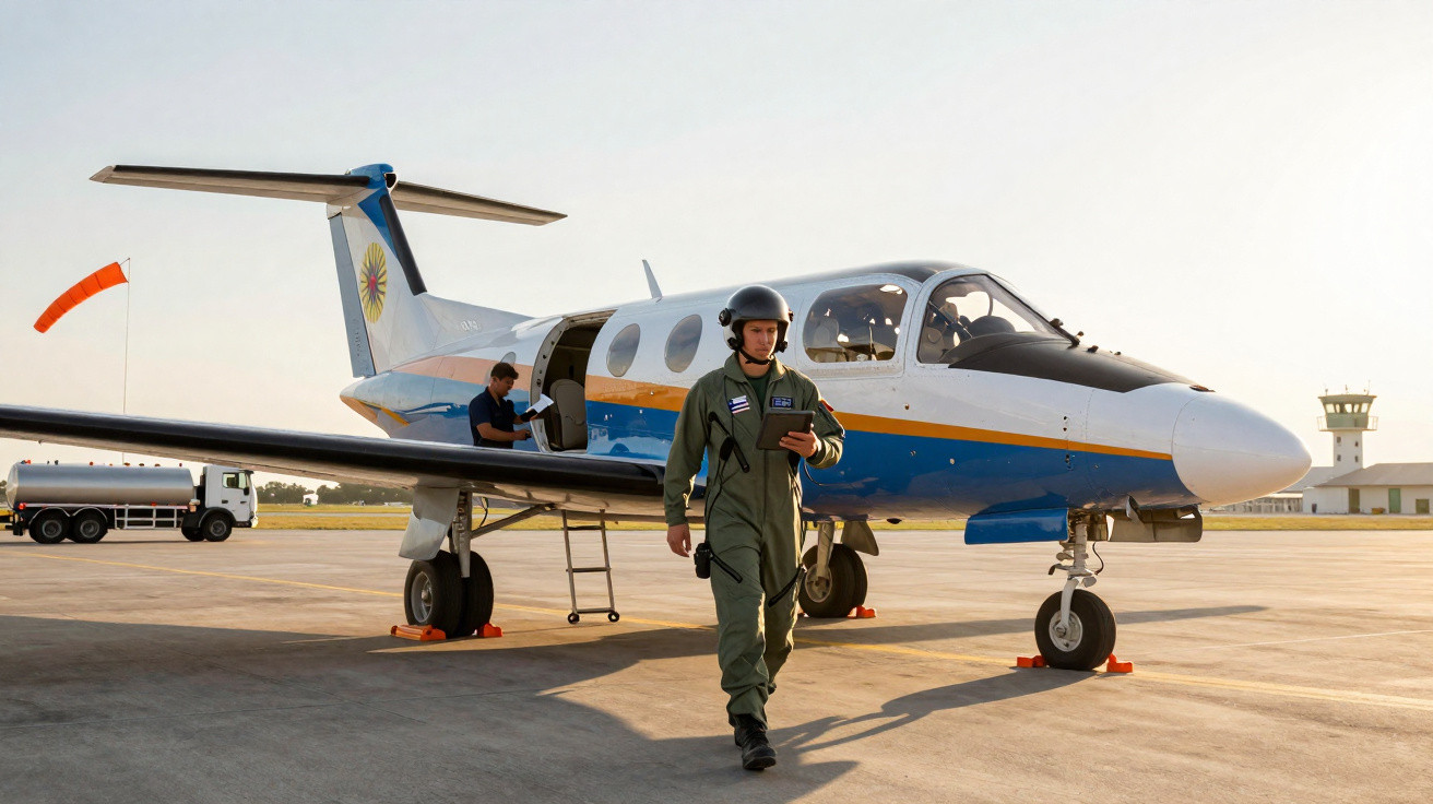 Piloto em uniforme verde caminhando próximo a avião branco e azul estacionado em pista de aeroporto ao entardecer.