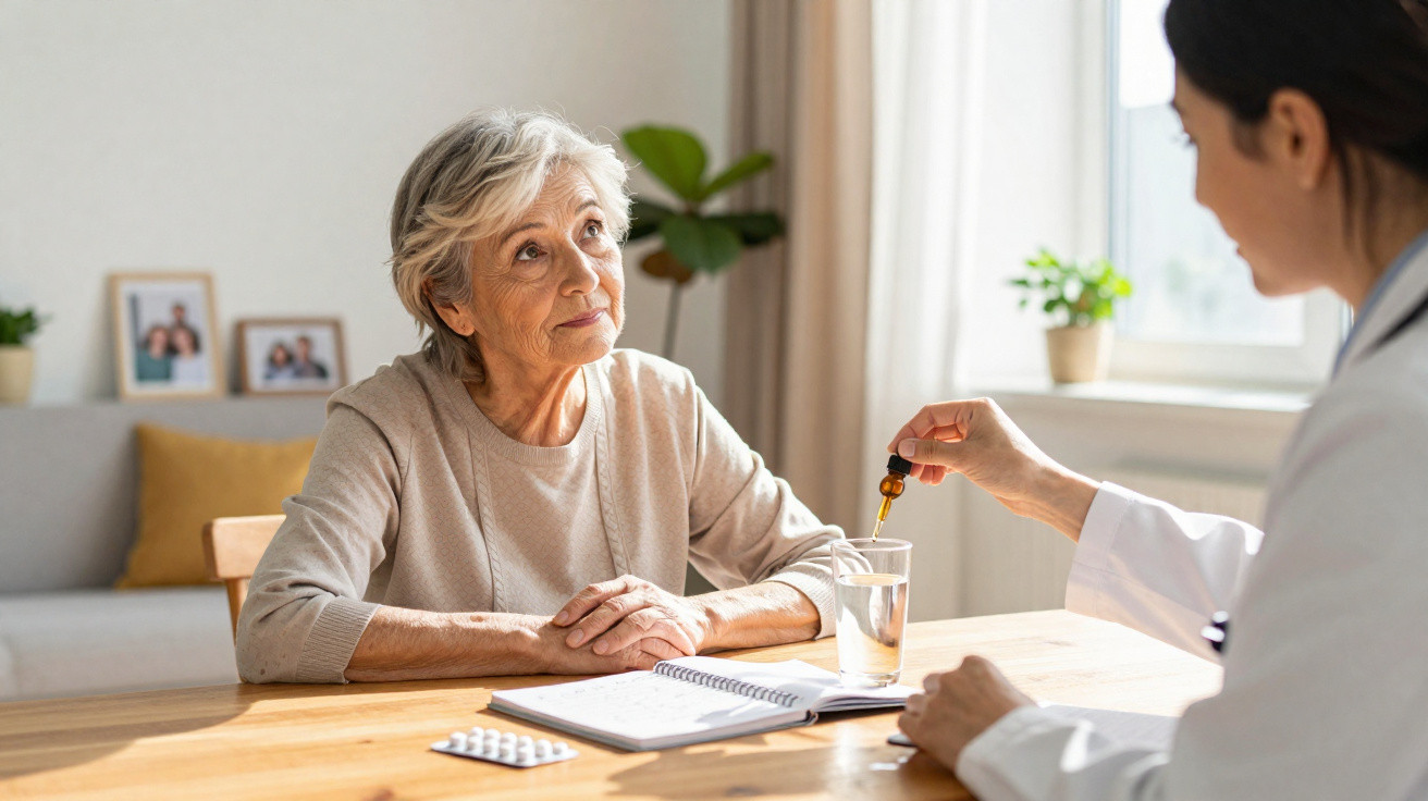Médica oferecendo medicamento em conta-gotas a paciente idosa sentada à mesa com caderno e remédios.