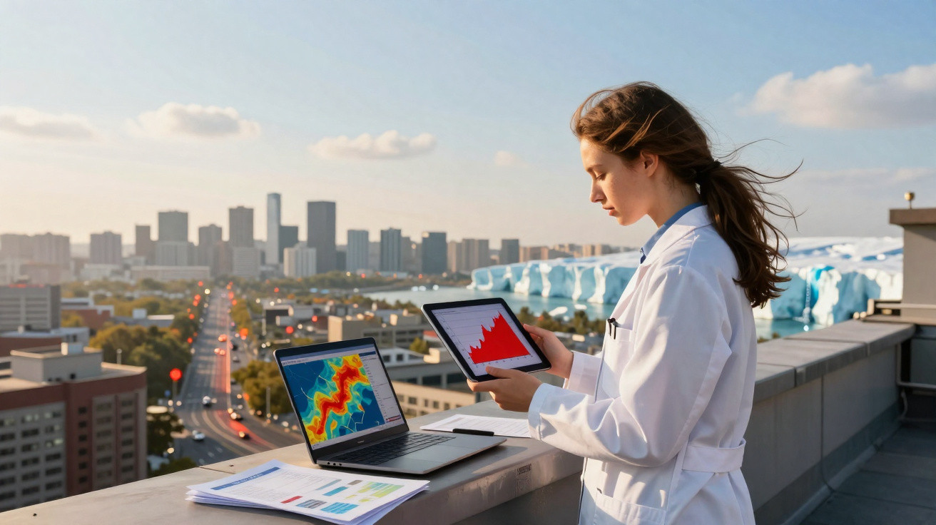 Mulher cientista em jaleco analisa gráficos em tablet e laptop na cobertura de um prédio urbano.