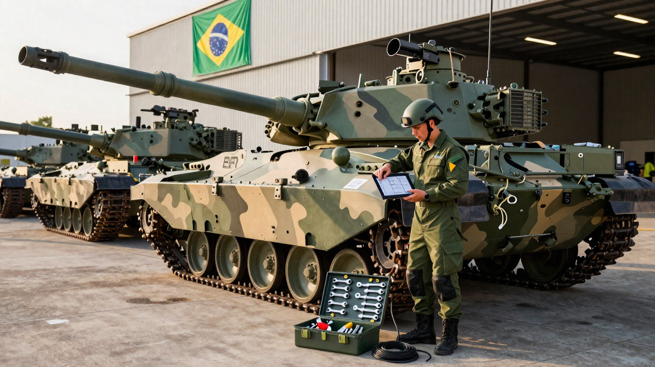 Soldado brasileiro com uniforme e capacete realiza manutenção em tanque de guerra camuflado na base militar.