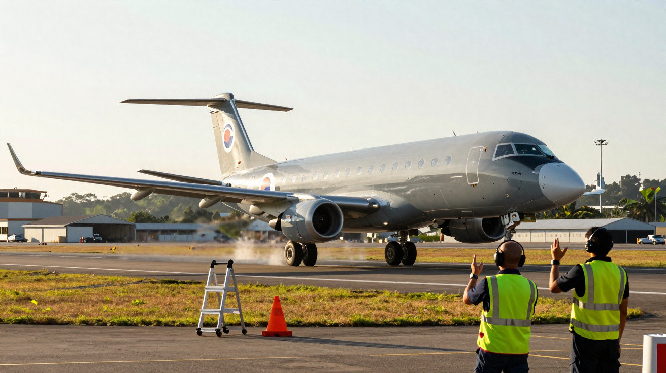Avião de grande porte pousando em pista, com dois controladores ao lado sinalizando com as mãos.