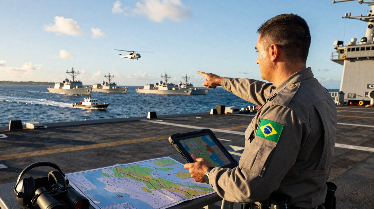 Oficial naval brasileiro aponta para helicóptero sobre o mar, com navios e mapa náutico ao fundo.