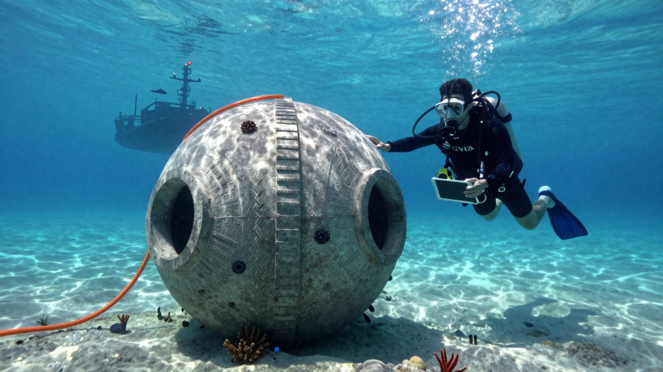 Mergulhador inspeciona uma cápsula esférica no fundo do mar com um navio ao fundo.