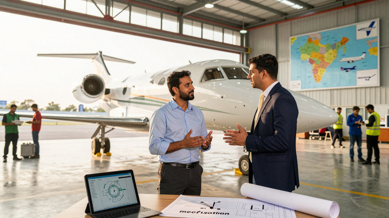 Homens conversando em hangar com avião executivo e planta de projeto sobre mesa com laptop aberto.