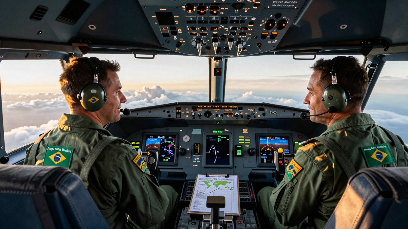 Dois pilotos brasileiros em uniforme verde no cockpit de avião com controles e céu ao fundo.