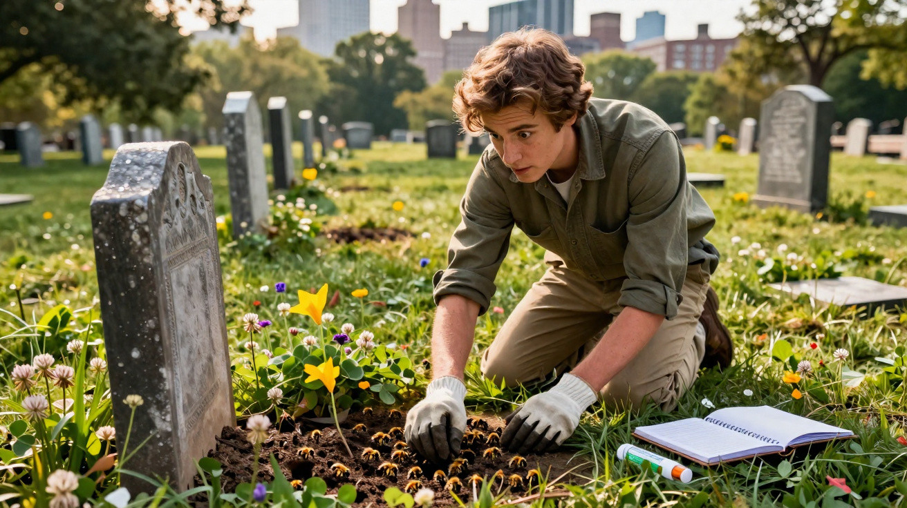 Jovem de luvas plantando flores ao lado de uma lápide em cemitério ensolarado com flores ao redor