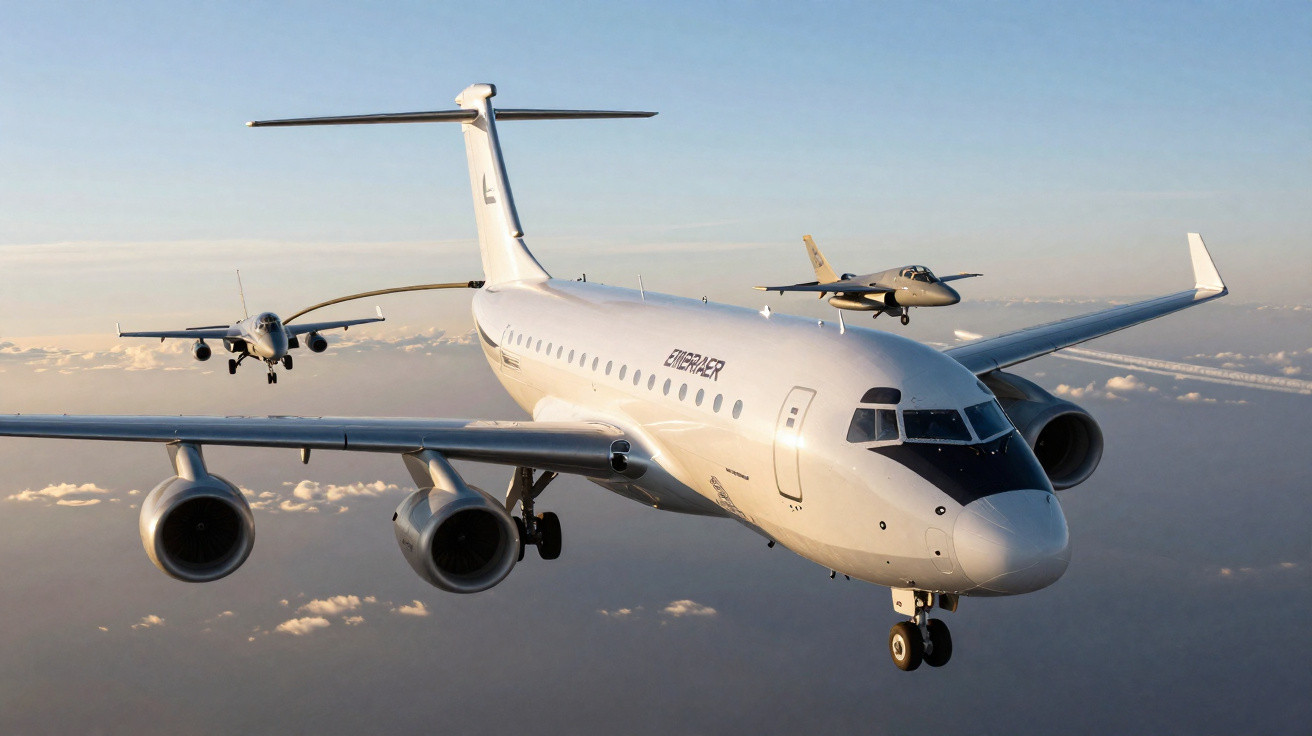 Avião comercial branco com dois jatos menores voando próximos em céu azul durante o dia.